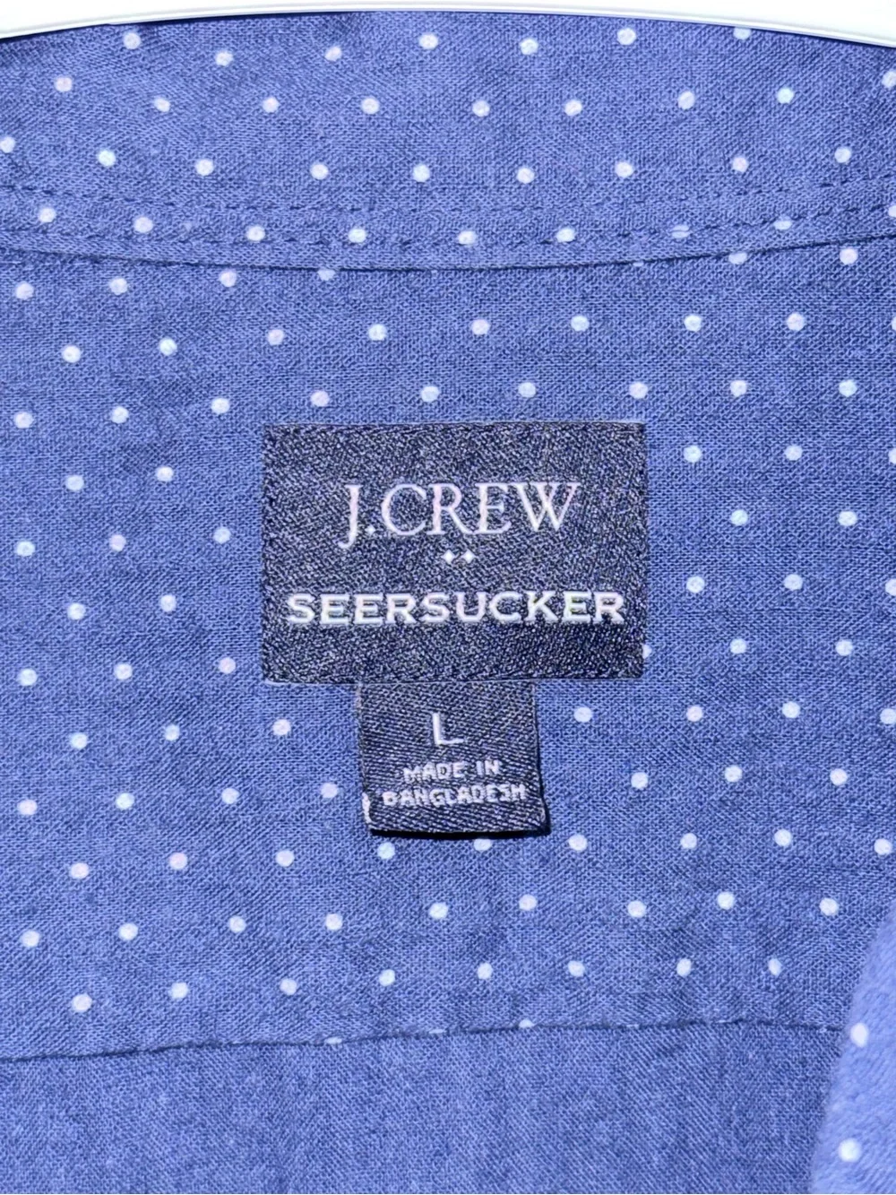 J.Crew Men's Seersucker Short-Sleeve Button-Down Shirt Navy Polka Dot L